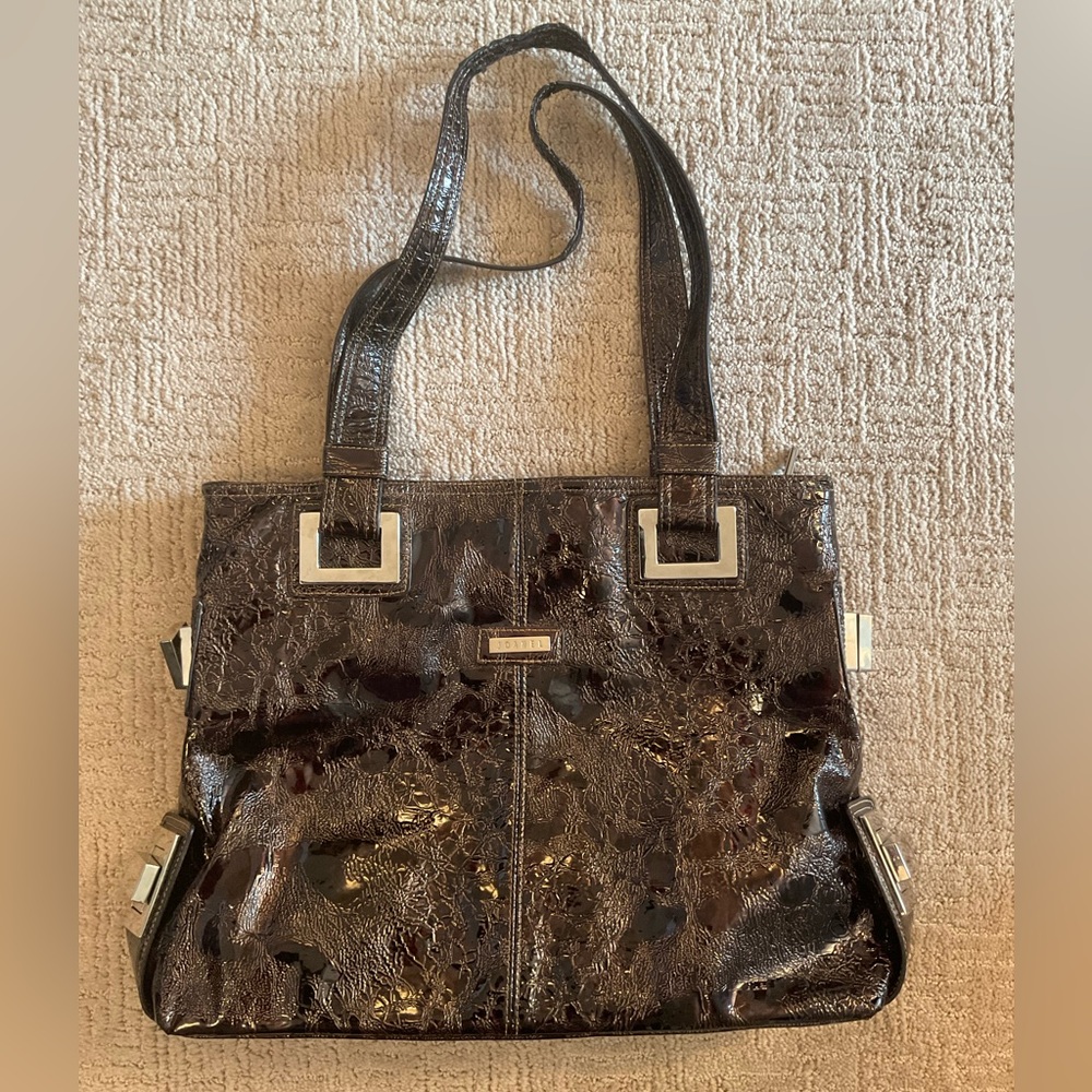 🇨🇦🤎 Joanel Chocolate Brown Patent Faux Leather Tote Purse Bag Minimalist Classic